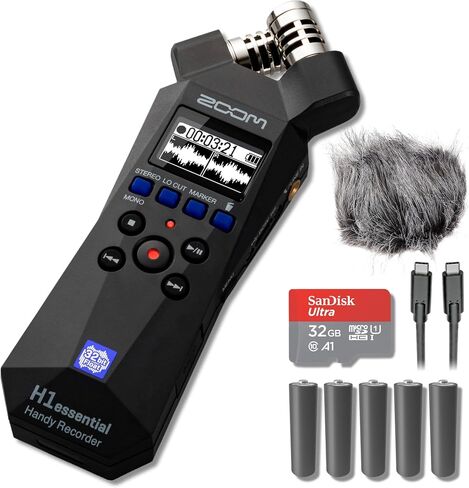 Zoom H1essential 32-Bit Float Handheld Recorder Bundle with 6-Ft USB-C Cable, 32GB microSDHC Card, and 10 AAA Batteries — Stereo X/Y USB Mic for Podcasting, Voice Over, Streaming, Music Demos in Kuwait