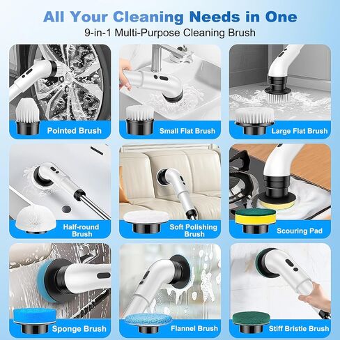 Electric Spin Scrubber, Cordless Shower Scrubber with 9 Scrub Brushes, 2 Speed & Battery Level Display, Adjustable Extension Handle Power Scrubber for Bathroom Tile Tub Floor in Kuwait