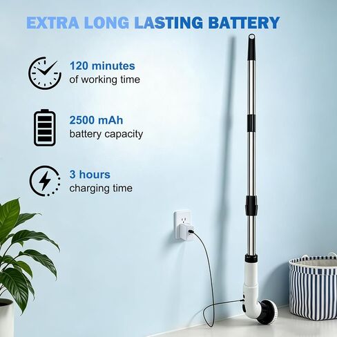 Electric Spin Scrubber, Cordless Shower Scrubber with 9 Scrub Brushes, 2 Speed & Battery Level Display, Adjustable Extension Handle Power Scrubber for Bathroom Tile Tub Floor in Kuwait