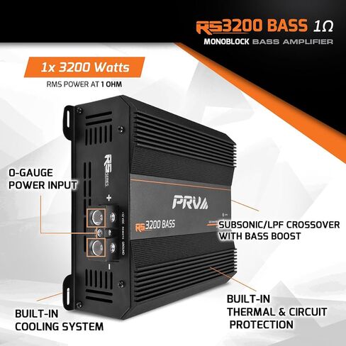 مضخم صوت PRV Audio 3200 واط أحادي الكتلة من الفئة D RS3200 BASS 1 أوم - 12 فولت 3 كيلو أمبير للسيارة، كروس مدمج - مرشحات تمرير دون سرعة الصوت والخسارة مع تعزيز جهير قابل للتعديل - تيفاني ممتاز RCAs in Kuwait