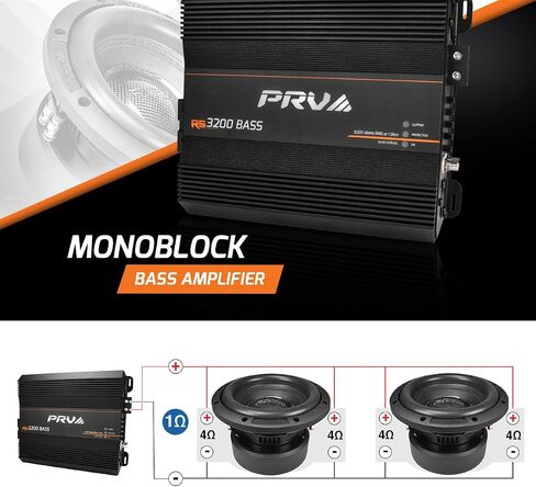 مضخم صوت PRV Audio 3200 واط أحادي الكتلة من الفئة D RS3200 BASS 1 أوم - 12 فولت 3 كيلو أمبير للسيارة، كروس مدمج - مرشحات تمرير دون سرعة الصوت والخسارة مع تعزيز جهير قابل للتعديل - تيفاني ممتاز RCAs in Kuwait