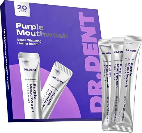 DR.DENT Purple Mouthwash for Teeth Whitening - Color Correcting Mouthwash Sachets - Peroxide Free, Alcohol Free - Freshens Breath, Supports Gum Health - Vegan, Mint Flavor (20 pc) in Kuwait