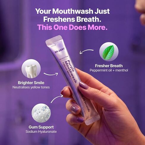 DR.DENT Purple Mouthwash for Teeth Whitening - Color Correcting Mouthwash Sachets - Peroxide Free, Alcohol Free - Freshens Breath, Supports Gum Health - Vegan, Mint Flavor (20 pc) in Kuwait