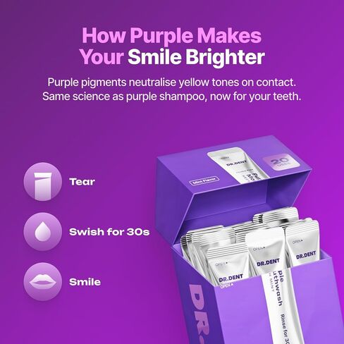 DR.DENT Purple Mouthwash for Teeth Whitening - Color Correcting Mouthwash Sachets - Peroxide Free, Alcohol Free - Freshens Breath, Supports Gum Health - Vegan, Mint Flavor (20 pc) in Kuwait