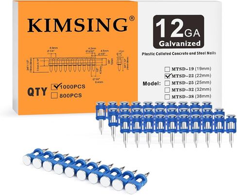 KIMSING MTSD-22 12 مقياس 7/8 بوصة × .109 بوصة سلسة من البلاستيك المغطى بالخرسانة والفولاذ دبوس محرك ميكانيكي مجلفن لخرسانة طاقة الغاز ومسامير الصلب 1000 قطعة / صندوق (2، صناديق) in Kuwait