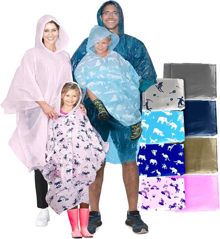 Disposable Rain Ponchos Family Pack (8 pack) - Waterproof Rain Poncho with Hood for Adults and Kids - Travel Rain Poncho Pack for Emergency Storms - Kids Ponchos with Fun Designs in Kuwait