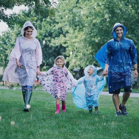 Disposable Rain Ponchos Family Pack (8 pack) - Waterproof Rain Poncho with Hood for Adults and Kids - Travel Rain Poncho Pack for Emergency Storms - Kids Ponchos with Fun Designs in Kuwait