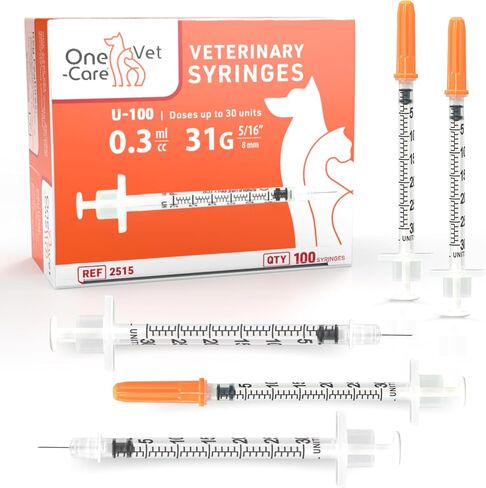 ONE-CARE VET U-100 Pet - Veterinary Syringes; size 0.3 ml/cc, 31G x 5/16" (8mm); 100 syringes per box; For Veterinary Use Only in Kuwait