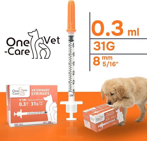 ONE-CARE VET U-100 Pet - Veterinary Syringes; size 0.3 ml/cc, 31G x 5/16" (8mm); 100 syringes per box; For Veterinary Use Only in Kuwait