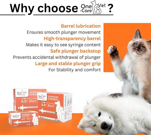 ONE-CARE VET U-100 Pet - Veterinary Syringes; size 0.3 ml/cc, 31G x 5/16" (8mm); 100 syringes per box; For Veterinary Use Only in Kuwait