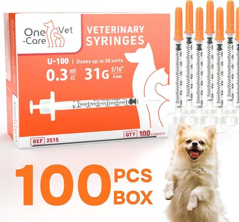 ONE-CARE VET U-100 Pet - Veterinary Syringes; size 0.3 ml/cc, 31G x 5/16" (8mm); 100 syringes per box; For Veterinary Use Only in Kuwait