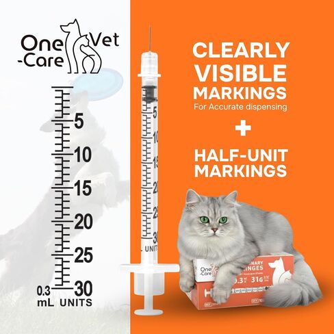 ONE-CARE VET U-100 Pet - Veterinary Syringes; size 0.3 ml/cc, 31G x 5/16" (8mm); 100 syringes per box; For Veterinary Use Only in Kuwait