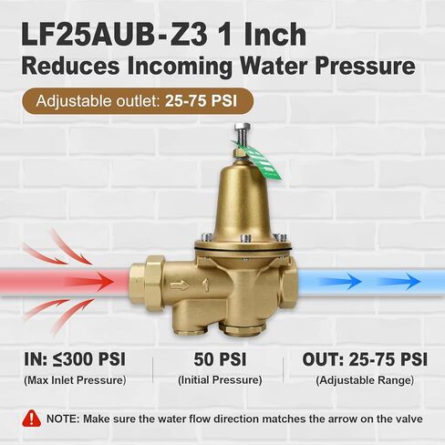 LF25AUB-Z3 1 "صمام تخفيض الضغط من سبائك السيليكون النحاسي المصبوب، قابل للتعديل 25-75 رطل لكل بوصة مربعة، الحد الأقصى 300 رطل لكل بوصة مربعة، NPT Female Union x NPT Female Outlet، مقعد بوليمر in Kuwait