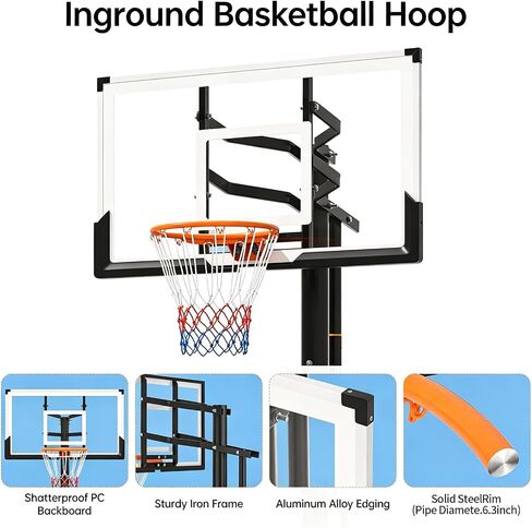 54 Inch In-Ground Basketball Hoop，Adjustable Height 7-10 Feet with Crank，Suitable for Teenagers and Adults in Kuwait
