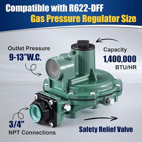 منظم المرحلة الثانية من Landhoow Propane متوافق مع R622-DFF، التحكم في ضغط الغاز LP، 9-13 بوصة ضغط مخرج W. C.، 1,400,000 وحدة حرارية بريطانية/ساعة، وصلات NPT 3/4 بوصة، تخفيف الأمان للاستخدام التجاري in Kuwait