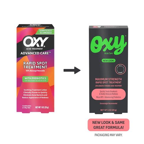 Oxy Rapid Acne Spot Treatment for Face & Body, Maximum Strength 10% Benzoyl Peroxide Blemish Cream Medication for Blackheads, Prebiotic Pimple Cream for Acne Prone Skin Care, 1 oz in Kuwait