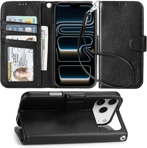 ARAE متوافق مع iPhone 16 Pro Max Wallet مع حامل البطاقة ، وغطاء محفظة Wristlet Sband Flip لـ iPhone 16 Pro Max 6.9 بوصة الرجال/النساء ، حظر RFID ، كيكستاند ، ليتشي بلاك in Kuwait
