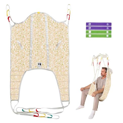 Divided Leg Patient Lift Sling with Head Support,Padded U-Sling for Transfer & Hygiene Access,4-Point Sling for Home Care & Nursing Facilities,500 lbs (Yellow Floral, Large) in Kuwait