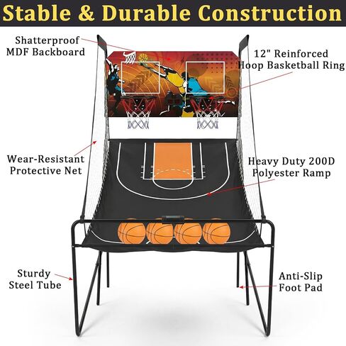 Foldable Dual Shot Basketball Arcade Game for Game Room | Folding 2 Player Indoor Basketball Shooting Game with 4 Balls, Dual Hoops, Inflation Pump, Electronic Scoreboard, 8 Game Modes in Kuwait