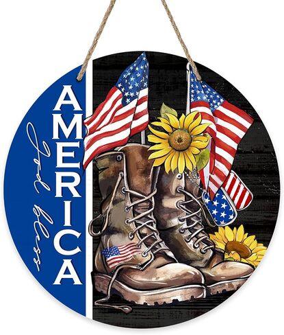 Deroro 4th of July God God America علامة الوطنية لديكور الباب الأمامي ، Stars American Stripes Wood Hool for Outdoor Outsid in Kuwait