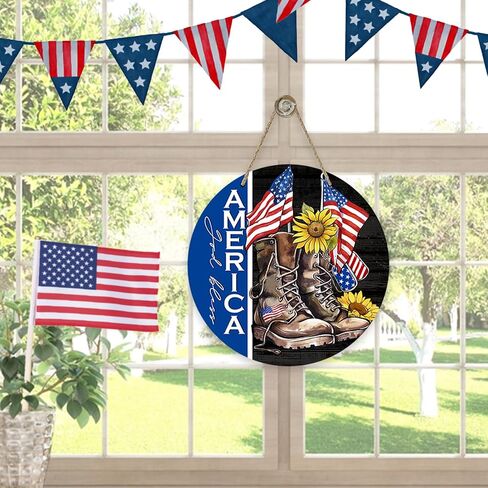 Deroro 4th of July God God America علامة الوطنية لديكور الباب الأمامي ، Stars American Stripes Wood Hool for Outdoor Outsid in Kuwait