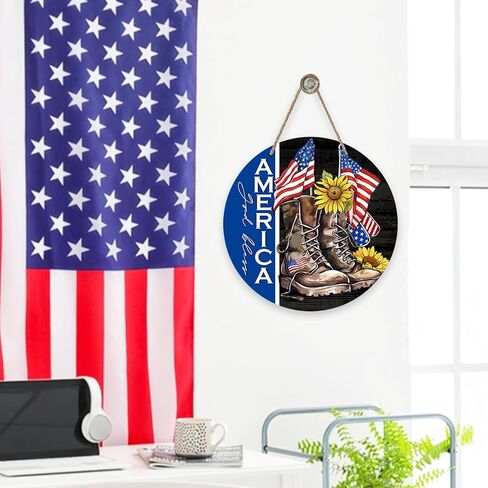 Deroro 4th of July God God America علامة الوطنية لديكور الباب الأمامي ، Stars American Stripes Wood Hool for Outdoor Outsid in Kuwait