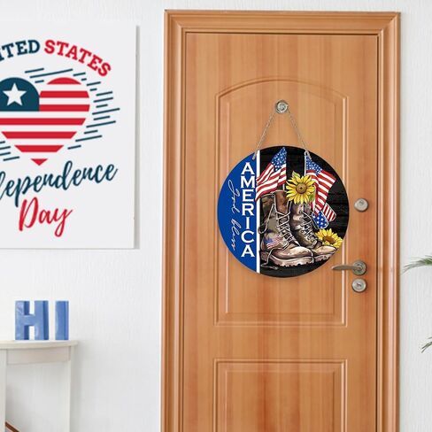 Deroro 4th of July God God America علامة الوطنية لديكور الباب الأمامي ، Stars American Stripes Wood Hool for Outdoor Outsid in Kuwait