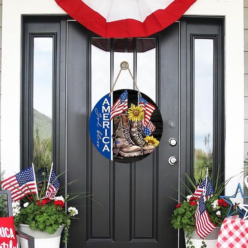 Deroro 4th of July God God America علامة الوطنية لديكور الباب الأمامي ، Stars American Stripes Wood Hool for Outdoor Outsid in Kuwait
