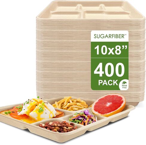 Sugarfiber 10"x 8" Compostable Shallow 5 Compartment Paper Trays [100 Count] - PFAS Free Bagasse Disposable School Lunch Plates - Eco-Friendly Heavy-Duty Divided Serving Platter for Cafeteria in Kuwait