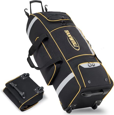 Fanwoli 81L Rolling Baseball Bag with Wheels, Softball Catchers Gear Bags for 4 Bats (Fits Up To 34"), Separate Shoe Compartment, Safety Reflective Strip, Fence Hook, Foldable T-Bag for Youth & Adult in Kuwait