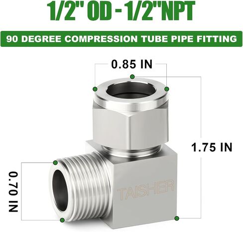 TAISHER 2PCS 304 Stainless Steel Square 90 Degree Compression Tube Pipe Fitting Connector, 1/2" Tube OD x 1/2" NPT Male Adapter in Kuwait