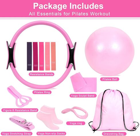 Home Pilates Essentials Kit for Women, Pilates Kit for Home Workouts, Pilates Equipment with Figure 8 Resistance Band, 14" Magic Circle, Yoga Ring, Pilates Accessories Set for Starter Workout in Kuwait