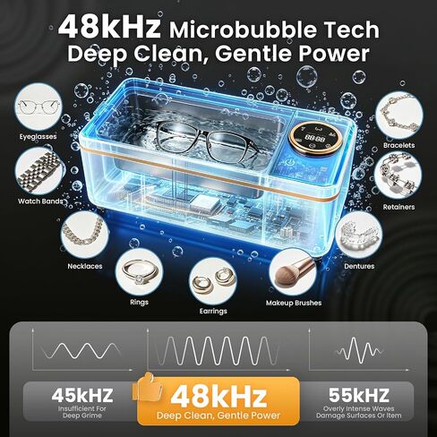 Ultrasonic Jewelry Cleaner Machine, 6 Cleaning Modes with Digital Timer, 48KHz Ultra Sonic Cleaner for Retainer Ring Glasses Watch Denture, 13.5oz 304 Stainless Steel Tank in Kuwait