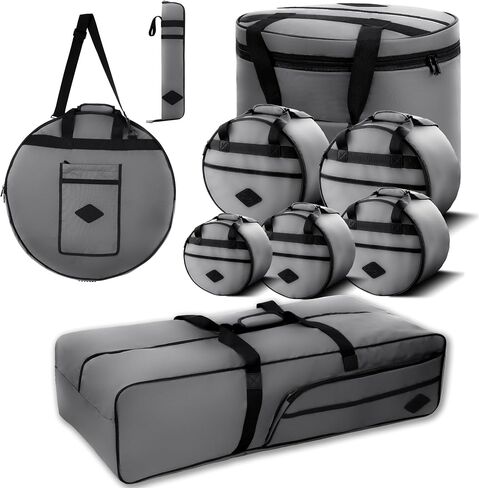 JBK 9-Piece Professional Drum Bag Set, Canvas Twill Cotton Retro Style, Includes Drum/Cymbal/Stick/Hardware Bags, Portable Storage for Gigs & Travel-Grey in Kuwait