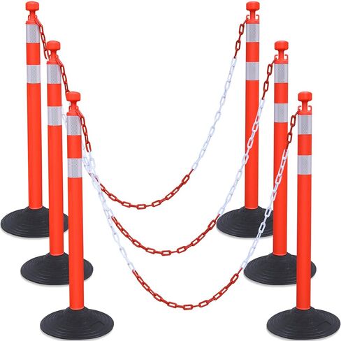 OrangeStar 6 Pack Traffic Delineator Posts, 40 Inch Crowd Control Stanchions, Water Fillable Base Safety Barriers with 6 x 6.6 Ft Plastic Chains for Indoor Outdoor Parking Lot Construction, Red in Kuwait