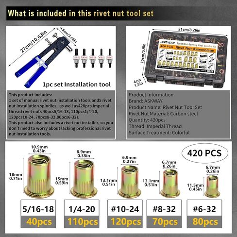 ASKWAY SAE Rivet Nut Tool 420pcs Imperial Carbon Steel Rivet Nut Tool Kit, （5/16-18、1/4-20、10-24、8-32、6-32）, Suitable for Furnitur, Automotive, Marine and Industrial Applications in Kuwait