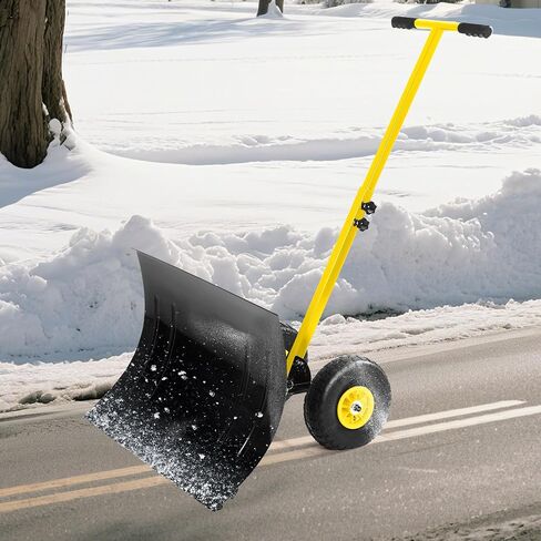 Snow Shovel with Wheels, Heavy-Duty Metal Snow Pusher Shovel with 5-Position Angled Blade & Adjustable Handle,29.1 x 19.3 in Steel Snow Pusher,Ergonomic Design for Driveway Doorway Sidewalk in Kuwait