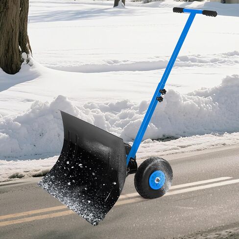 Heavy Duty Snow Shovel with Wheels – 29" x 19.3" Adjustable Angled Steel Blade – Height-Adjustable Ergonomic Handle – Rolling Pusher for Driveway, Sidewalk & Pavement – Black Blade, Blue Handle & Hubs in Saudi Arabia