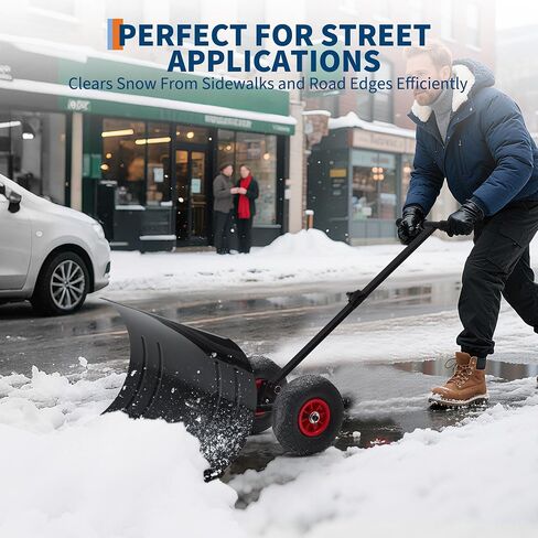 Heavy Duty Rolling Snow Shovel with Wheels - 29in Wide Adjustable Angle Steel Blade & Handle - Ergonomic Snow Pusher for Driveway, Sidewalk, Patio - Easy Push Removal Tool in Kuwait
