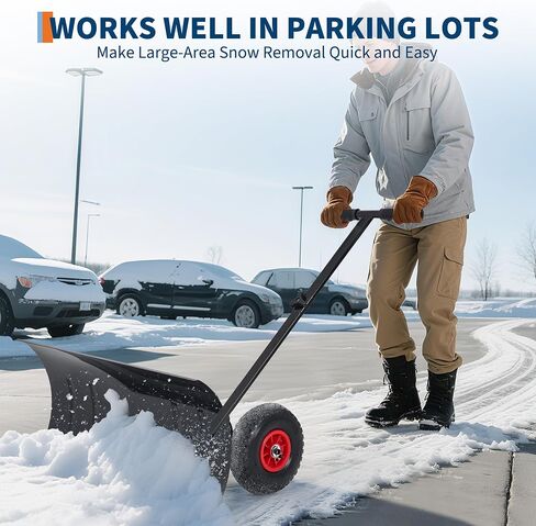 Heavy Duty Rolling Snow Shovel with Wheels - 29in Wide Adjustable Angle Steel Blade & Handle - Ergonomic Snow Pusher for Driveway, Sidewalk, Patio - Easy Push Removal Tool in Kuwait