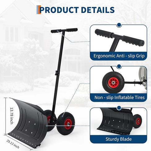 Heavy Duty Rolling Snow Shovel with Wheels - 29in Wide Adjustable Angle Steel Blade & Handle - Ergonomic Snow Pusher for Driveway, Sidewalk, Patio - Easy Push Removal Tool in Kuwait