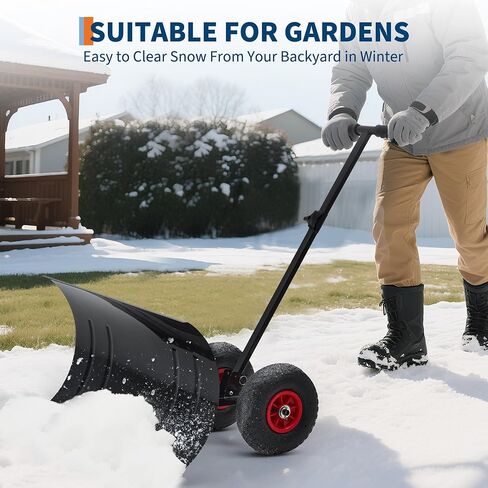 Heavy Duty Rolling Snow Shovel with Wheels - 29in Wide Adjustable Angle Steel Blade & Handle - Ergonomic Snow Pusher for Driveway, Sidewalk, Patio - Easy Push Removal Tool in Kuwait