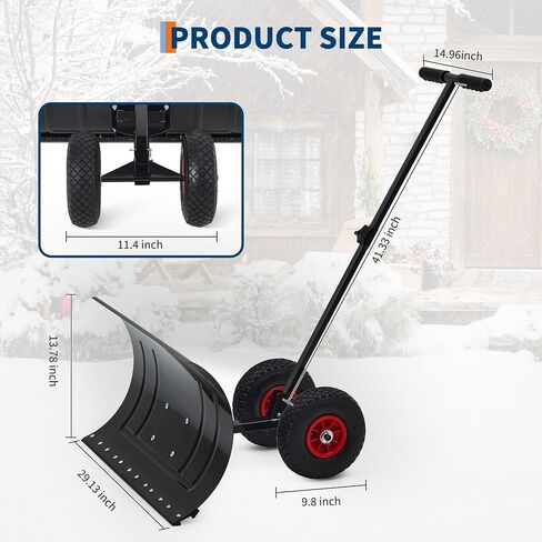 Heavy Duty Rolling Snow Shovel with Wheels - 29in Wide Adjustable Angle Steel Blade & Handle - Ergonomic Snow Pusher for Driveway, Sidewalk, Patio - Easy Push Removal Tool in Kuwait
