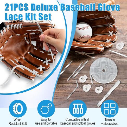 Anglekai 21PCS Baseball Glove Lace Needles Kit, Softball Glove Repair Lace Kit, 8PCS Needles/ 78 in Leather Strip/ 10 Locks/Bag (Grey White) in Kuwait