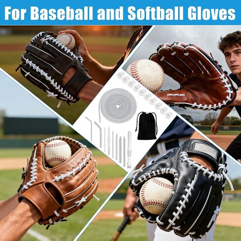 Anglekai 21PCS Baseball Glove Lace Needles Kit, Softball Glove Repair Lace Kit, 8PCS Needles/ 78 in Leather Strip/ 10 Locks/Bag (Grey White) in Kuwait