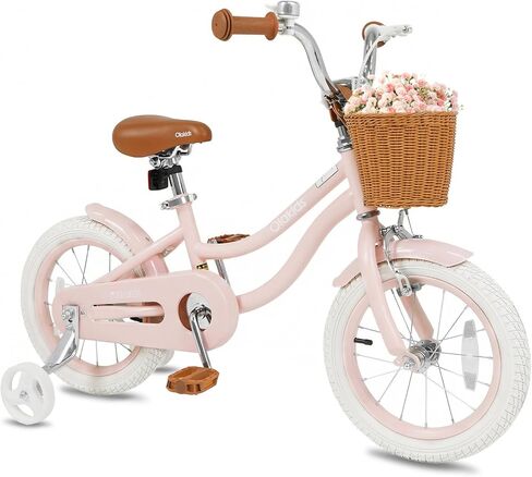 Olakids Kids Bike, 12 14 16 18 20 Inch Toddlers Bike with Training Wheels Rattan Basket Safety Bell Adjustable Seat and Handlebar for Girls Boys in Kuwait