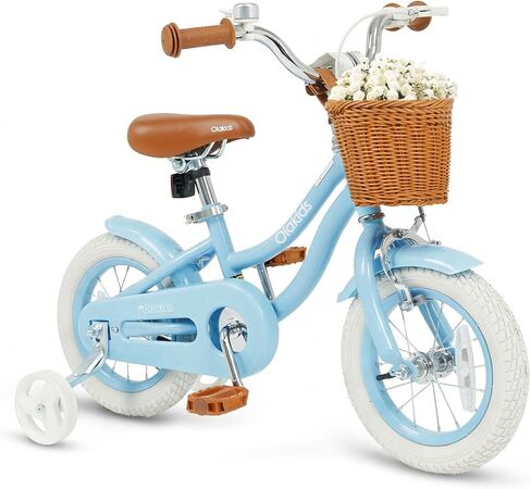 Olakids Kids Bike, 12 14 16 18 20 Inch Toddlers Bike with Training Wheels Rattan Basket Safety Bell Adjustable Seat and Handlebar for Girls Boys in Kuwait