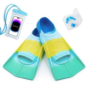 Kids Swim Fins - Youth Short Training Flippers for Lap Swimming,Durable Silicone Rubber Material for Boys Girls Toddlers Beginners with Waterproof Phone Pouch & Ear Plugs & Nose Clip Set in Saudi Arabia