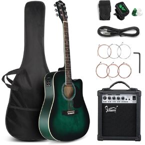 GLARRY Full Size 6 Strings Acoustic Electric Guitar Beginner Kit w/ 15W Amp, Cutaway 41 Inch Electric Acoustic Guitar w/Inbuilt Tuner, Bag, Strap, Picks, Strings, Basswood Guitarra, Distressed Black in Kuwait