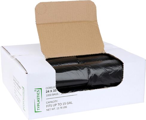 أكياس قمامة سوداء من Typlastics، 10-15 جالون، عدد 1000، 24 بوصة × 33 بوصة، أكياس قمامة عالية الكثافة للحمام والمطبخ والمكتب والصناعية والتجارية والنظافة والبلدية وإعادة التدوير in Kuwait